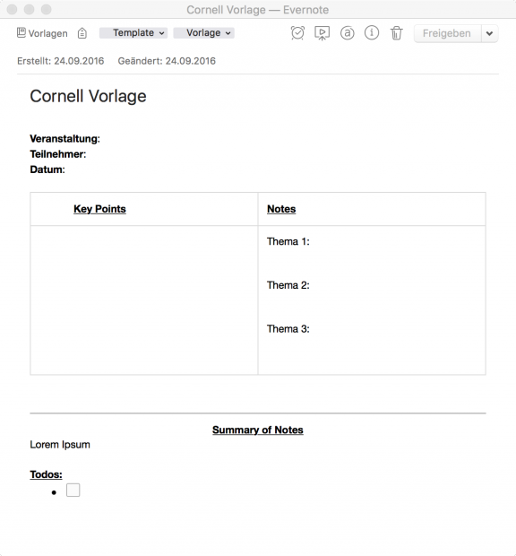 Note keeping digital: Template for Cornell style