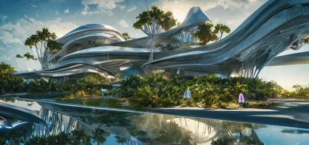 An imaginary 3D metaverse world with futuristic buildings, flowers, trees, water and a beach.
